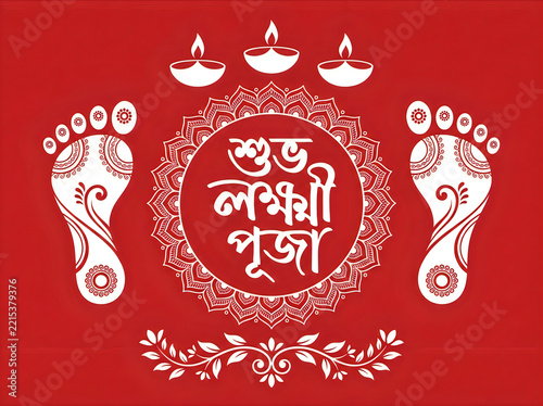 Shubh laxmi puja festive background with white mandala, diya lamps, and traditional footprints on red texture, elegant bengali typography for hindu festival