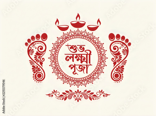Shubh laxmi puja greeting card design with traditional footprints, diya lamps, and mandala art, isolated on white background
