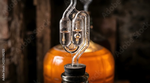 Glass fermentation airlock on carboy bottle, homebrew craft beer making equipment, rustic wine brewing process in dark cellar