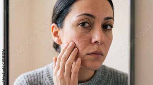Concerned mid-adult woman touching her cheek while looking in the mirror inspecting acne scars, large pores, hyperpigmentation, and skin blemishes during home skincare routine