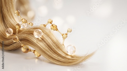 Macro close up of blonde hair strand with glowing molecular structure representing keratin repair