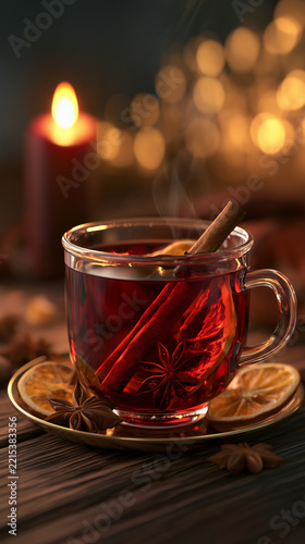 Hot spiced winter tea with cinnamon, star anise and orange in a cozy warm setting with soft festive lighting.