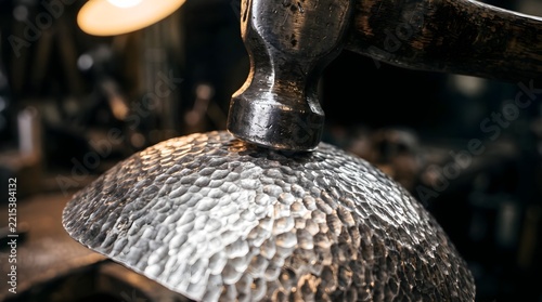 Vintage metal artisan hammering hammered silver bowl, handcrafting metallic texture in blacksmith workshop, traditional metalworking craftsmanship