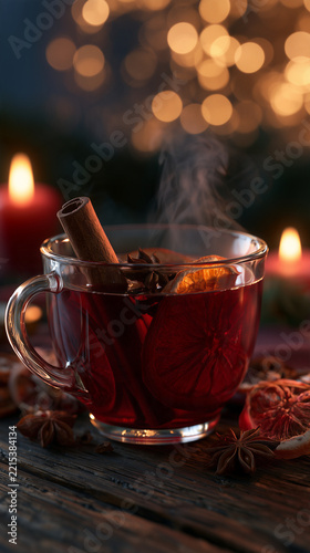 Hot spiced winter tea with cinnamon, star anise and orange in a cozy warm setting with soft festive lighting.