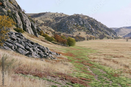 Rocky hillside with dry grass and distant trees