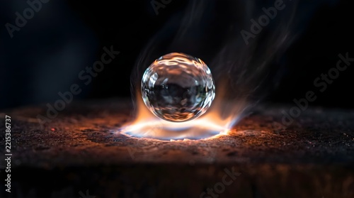 Leidenfrost Effect Water Droplet Hovering On Hot Metal Surface, Glowing Liquid Sphere Under Extreme Thermal Heat