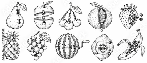 Steampunk Mechanical Fruit Collection with Clockwork Pear, Apple, Orange, Strawberry and Banana