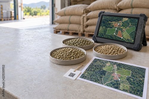 Coffee bean samples with farm origin traceability maps