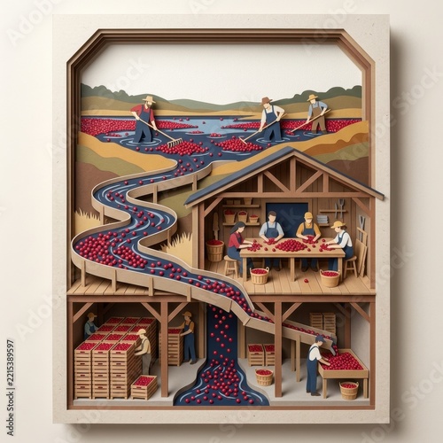 Paper cut representation of autumn harvest with workers gathering cranberries