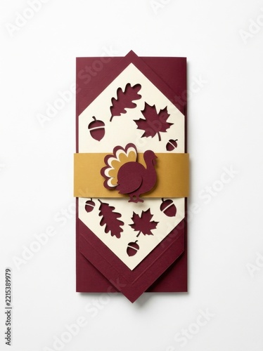 Thanksgiving decorative paper cut background with turkey and autumn leaves