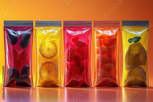Graphic layouts for pouch packaging with colorful fruit elements in