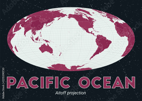 Pacific Ocean. World map. Aitoff projection centered to Pacific Ocean. Pale Mint Dark Pink palette. Vintage texture. Classy vector illustration.
