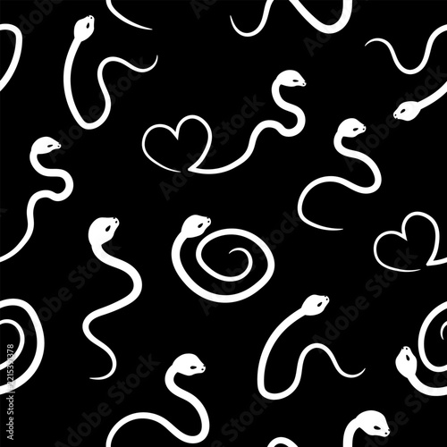 White snakes seamless pattern on black background. Minimalist vector illustration with crawling serpents and heart shapes.