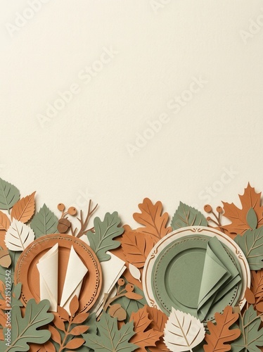 Thanksgiving autumn harvest paper cut background with leaves and plates