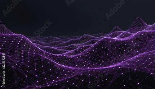 Purple digital data landscape with glowing mesh network and wave
