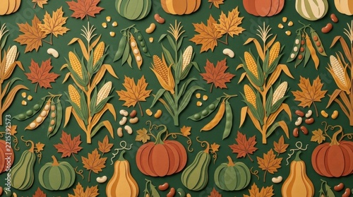 Paper cut autumn harvest background with pumpkins, corn, and leaves