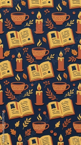 Cozy autumn-themed pattern with open books, cups, and candles