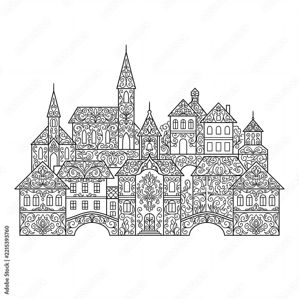 Obraz premium Elegant Ornamental Line Art Illustration of an Intricate Townscape