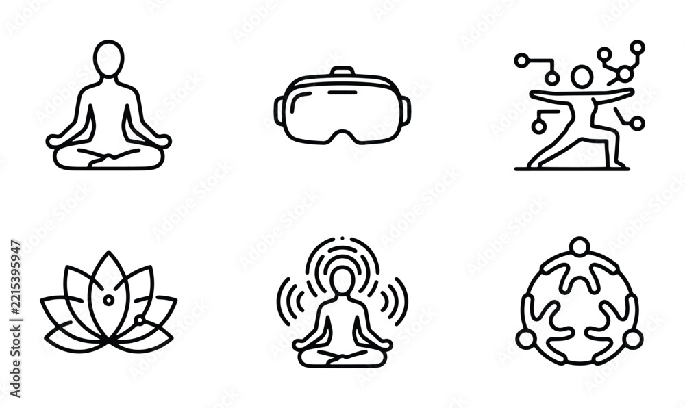 Fototapeta premium Metaverse yoga icons set with person meditating, VR headset, digital person, lotus flower and community group for app and web
