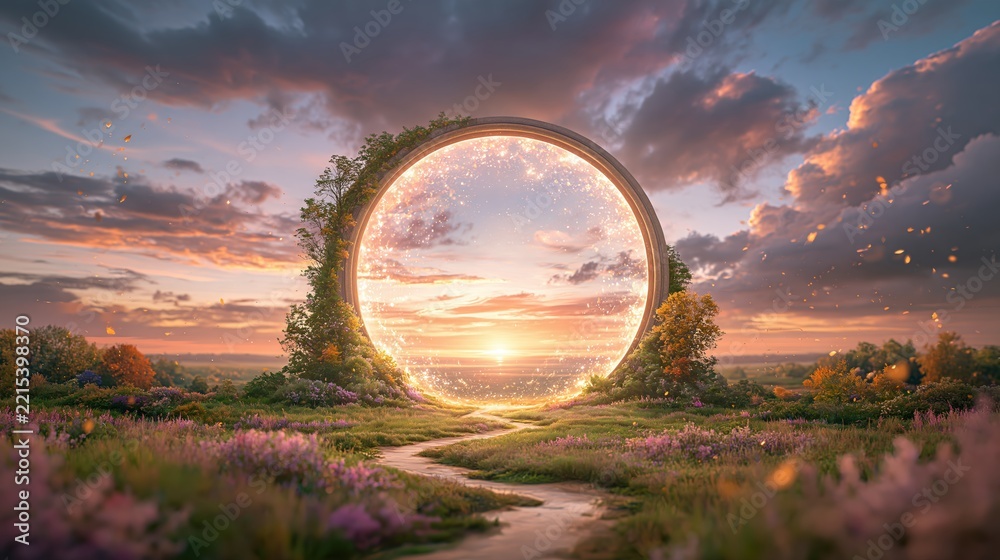 Naklejka premium Magical Glowing Portal in a Flower Field at Sunset