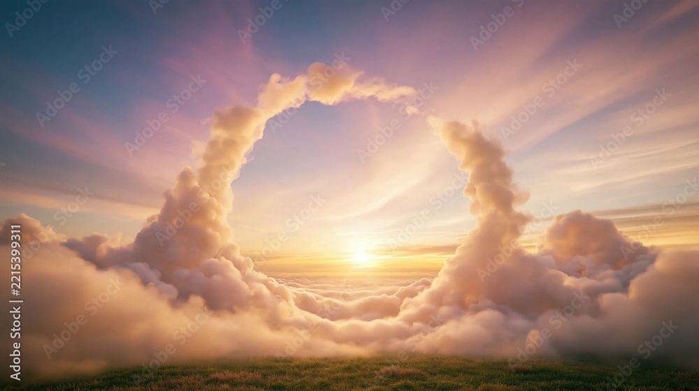 Naklejka premium Surreal Circular Cloud Formation Framing Golden Sunset Over Green Field