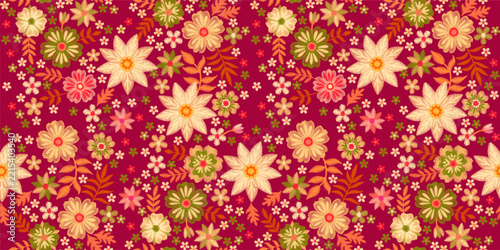 Seamless floral pattern on burgundy background. Beautiful floral embroidery. Romantic natural print for fabric and textile. Embroidered buds, flowers and leaves.