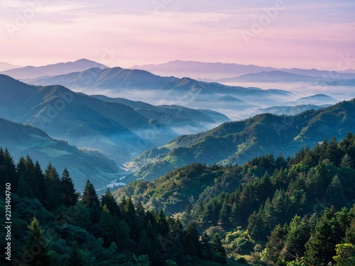 Layered mountain ranges and forests at dawn
