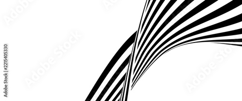 Black and white wavy bent ribbon element. Curved stripe shape background. Liquid abstract line wallpaper for banner, cover, poster, presentation, brochure, flyer. Optical art backdrop. Vector