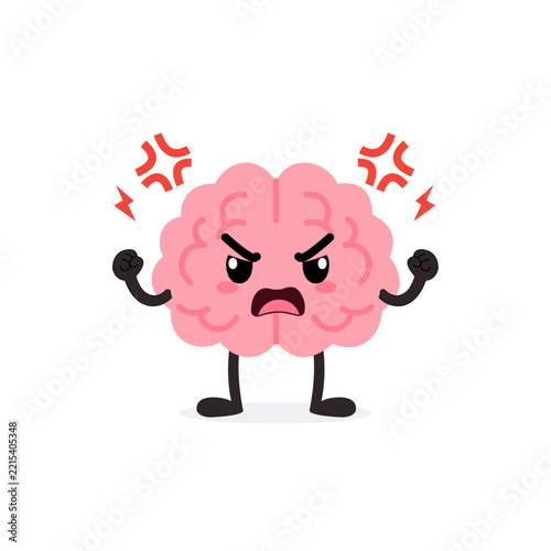 Fotografie Pink brain character showing anger with clenched fists and red stress symbols, illustrated in a playful flat 2d vector style on white