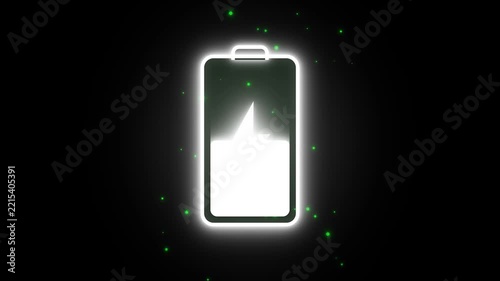 Glowing Battery Fast Charging Power Icon, Glowing green full battery icon with lightning bolt power charging symbol on dark background.