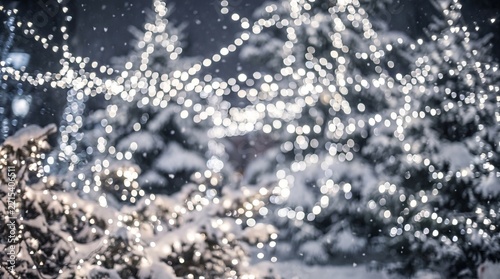 Magical outdoor christmas lights illuminate a blurred winter scene at night