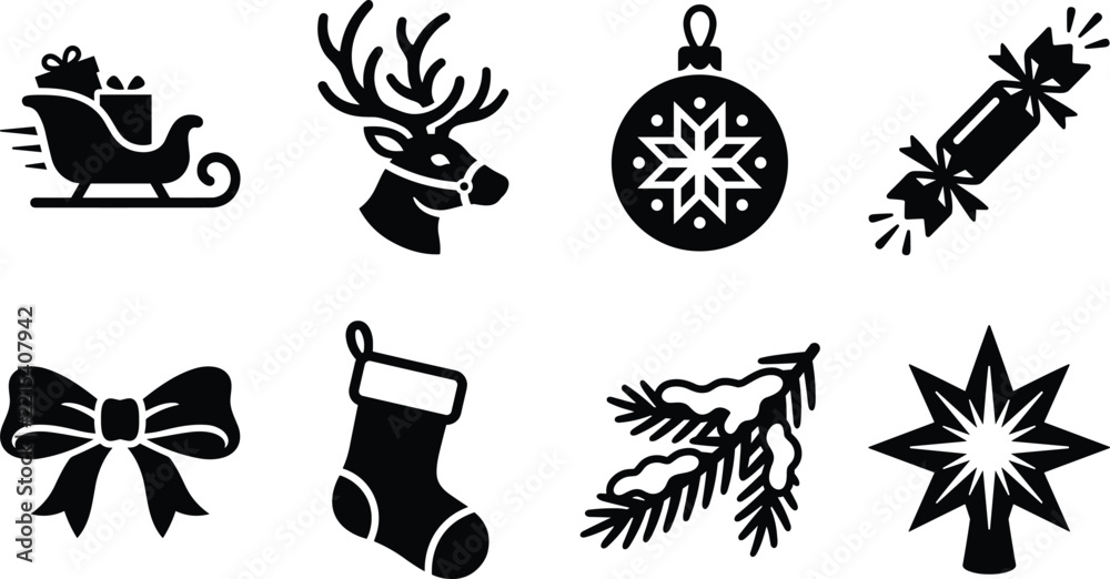 Fototapeta premium Christmas holiday icons in minimalist black style featuring reindeer sleigh bauble for seasonal vector graphic