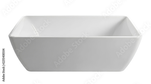 A sleek white ceramic bathroom sink basin, presented isolated on transparent background, featuring a modern rectangular shape for luxury home interiors