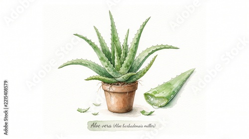 Botanical watercolor illustration of a green Aloe vera succulent plant in a terracotta pot with a cut leaf showing fresh medicinal gel, isolated on a white paper background.