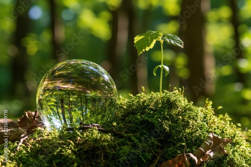 Glass sphere and seedling on moss in forest