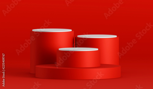 Three tier cylinder showcase platform for cosmetics product presentation in solid red