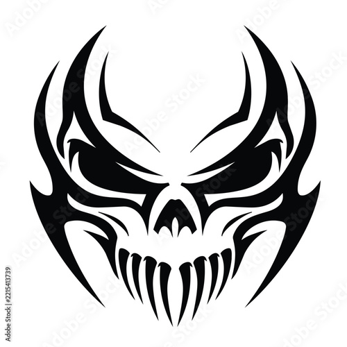 Black and white vector illustration of an aggressive demon skull with sharp tribal horns, menacing eye sockets, and sharp fangs in tattoo art style isolated on white background.