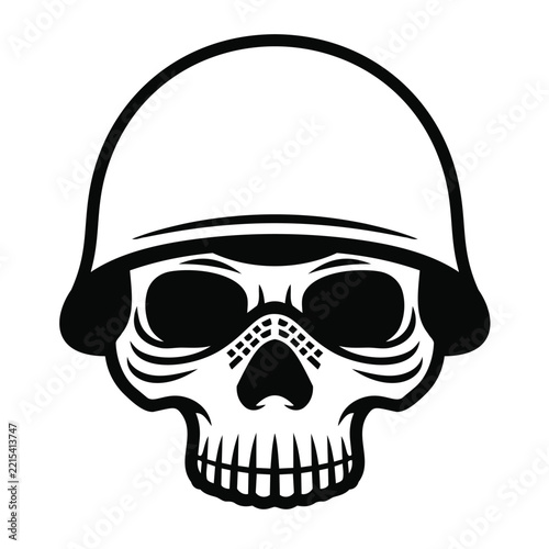 Minimalist black and white vector illustration of a human skull wearing a military army helmet in tattoo line art style isolated on white background.