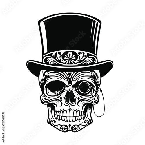 Black and white vector illustration of a vintage gentleman skull with mustache, monocle, and ornate top hat in gothic tattoo art style isolated on white background.