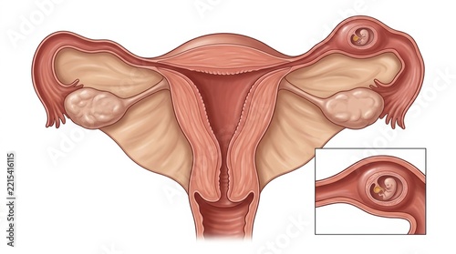 Medical illustration of an ectopic pregnancy showing a fetus developing in the fallopian tube