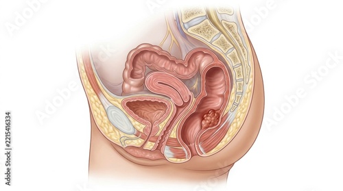 Medical illustration showing a sagittal cross section of the female pelvic organ anatomy