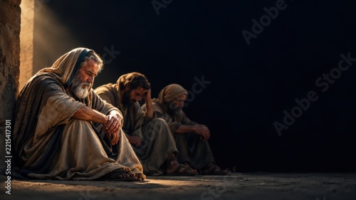 Apostle Paul seated with fellow believers in a biblical-era gathering. New Testament Christianity. Epistle to the Philippians. Faith, fellowship and steadfastness in hardship.