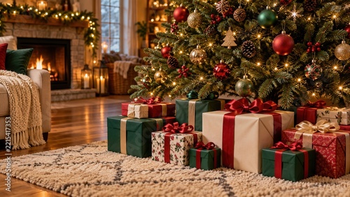 Christmas gifts under decorated tree with glowing lights and cozy fireplace in warm festive living room