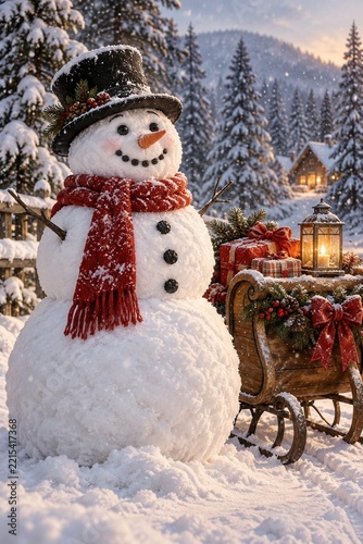Cheerful Christmas snowman with red scarf beside festive sleigh full of gifts in snowy winter forest