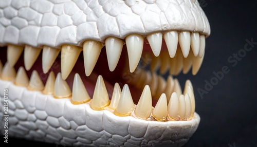 The maw and teeth of a large dragon. Reptile. The animal's row of teeth and fangs.