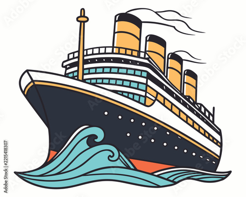 featuring a large modern luxury ocean liner with layered decks, panoramic blue windows, golden-yellow and warm orange body accents, deep navy-blue hull, brig