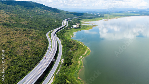 Obraz na plátně Drone shot The M6 motorway Nakhon Ratchasima Province - Bang Pa-in Lam Ta Khong River and Mountain