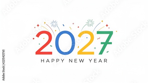 Colorful 2027 happy new year typography banner, festive holiday celebration graphic background, minimalist confetti event layout