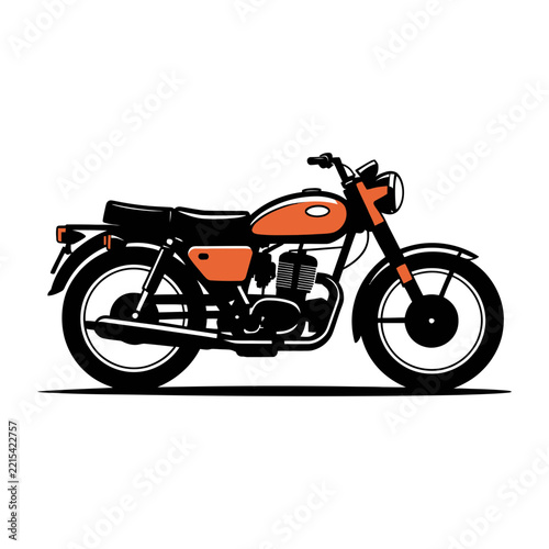 motorcycle isolated on white, A vintage classic motorcycle seen in perfect side-profile, featuring a rounded orange fuel tank with a small oval emblem