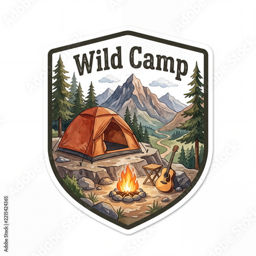 Watercolor Wild Camp Badge with Mountain Tent, Campfire and Guitar. Sticker Style on a White Background